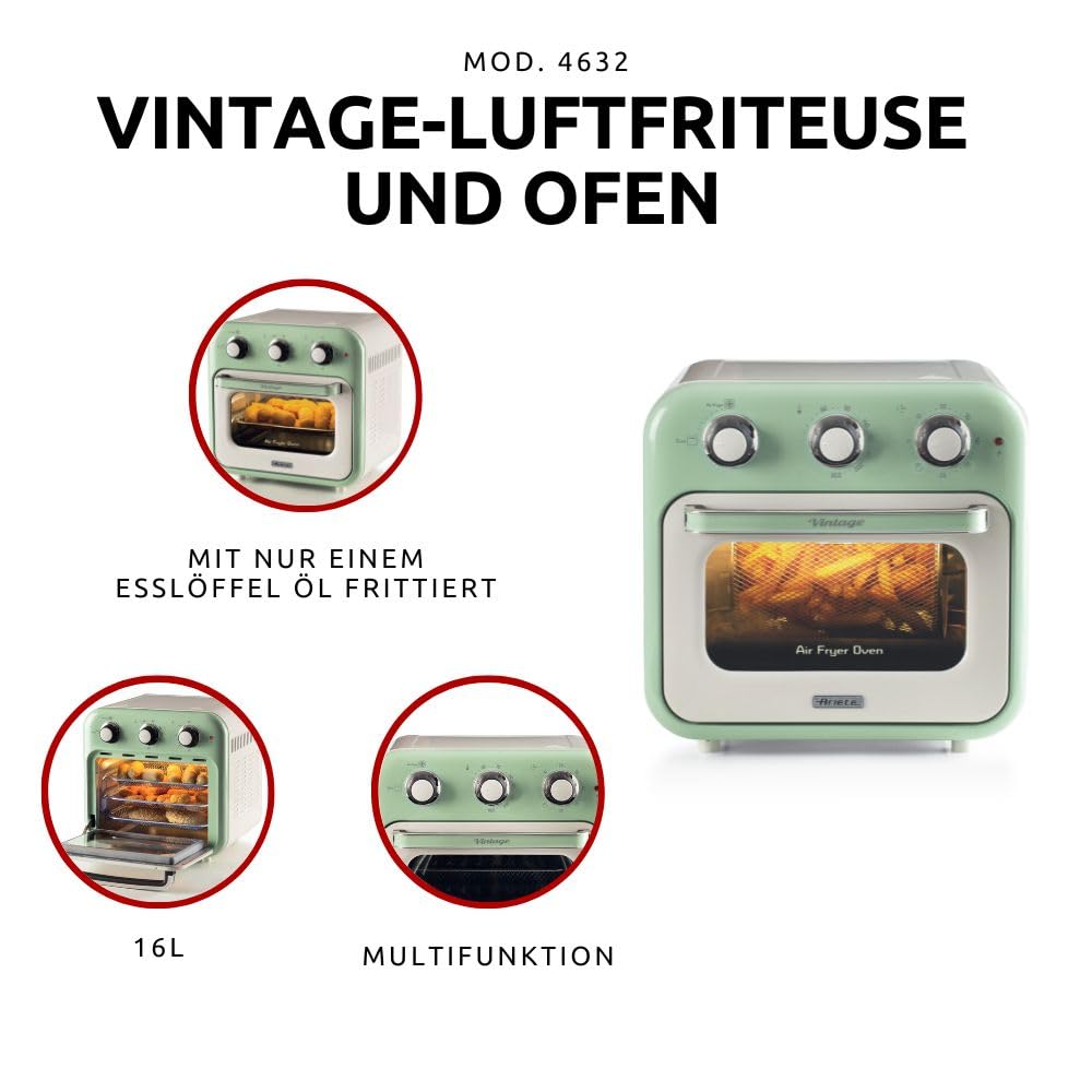 Ariete Vintage, 4632 2-in-1 Heißluftfritteuse und Ofen, 16 L Fassungsvermögen, Körbe und Drehspieß aus Edelstahl, Temperatur bis 230°C, 60-Minuten-Timer, Doppelverglasung, 1400W, Grün