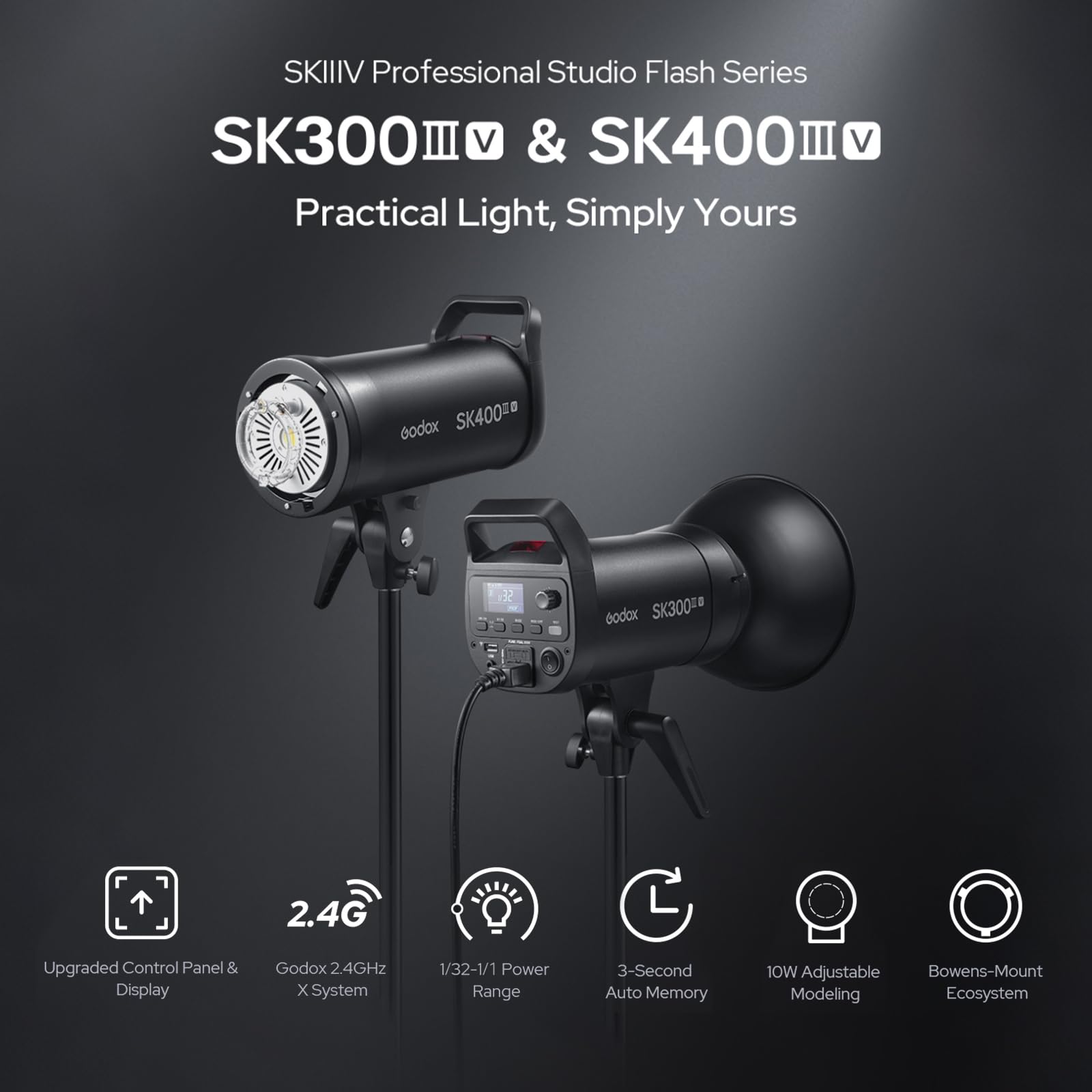 Godox SK400IIIV 400 Ws Studioblitzgerät, verbessertes SK400III-V mit 2,4-GHz-X-System, 10-W-LED-Einstelllampe, GN 65, 0,1–1,5 s Ladezeit, Bowens-Halterung für professionelle Porträt- und E-Commerce-Fo