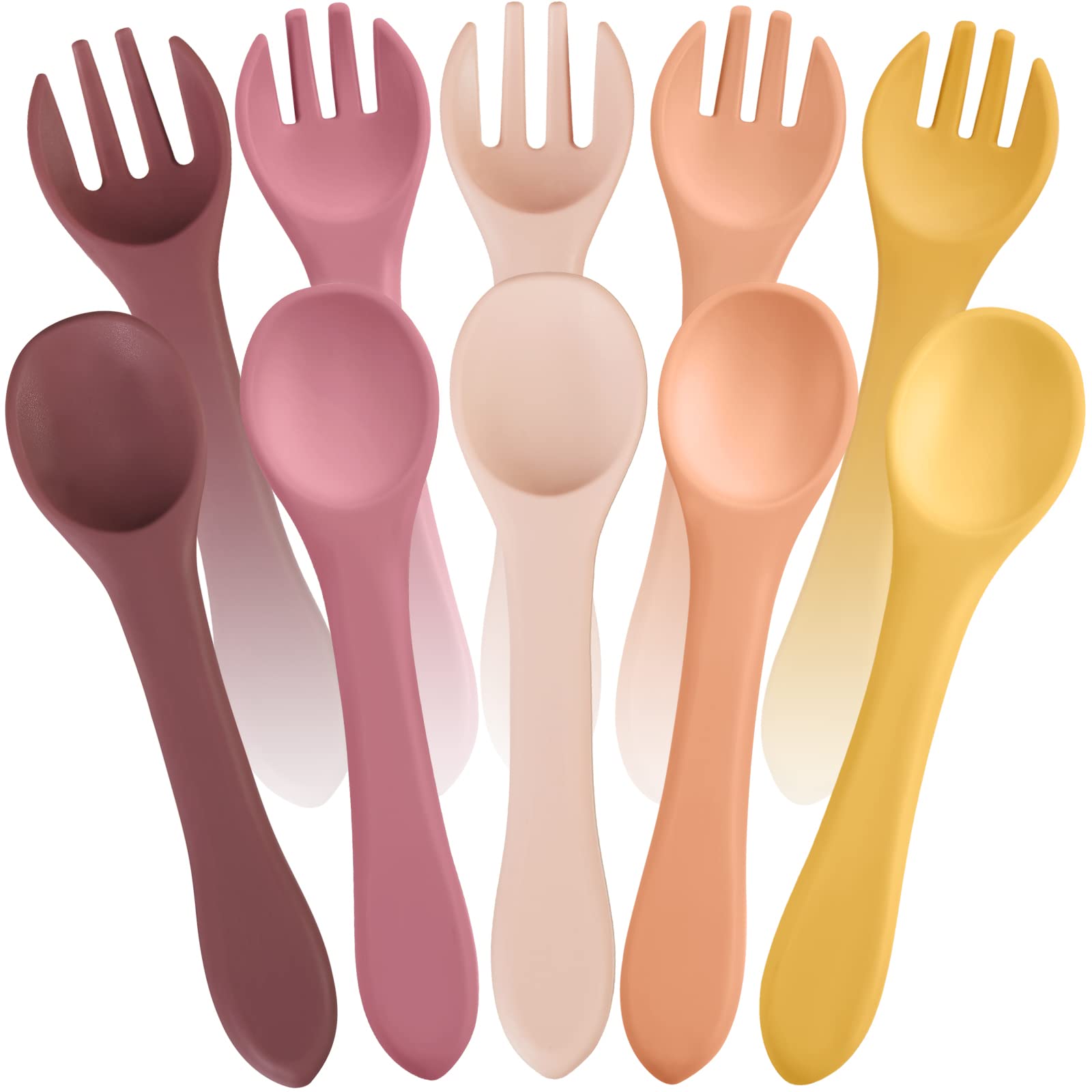 10 Pieces Baby Led Weaning Spoons and Forks Set Infant Silicone Spoon First Self Feed Baby training Utensils for Toddler First Stage Feeding Supplies