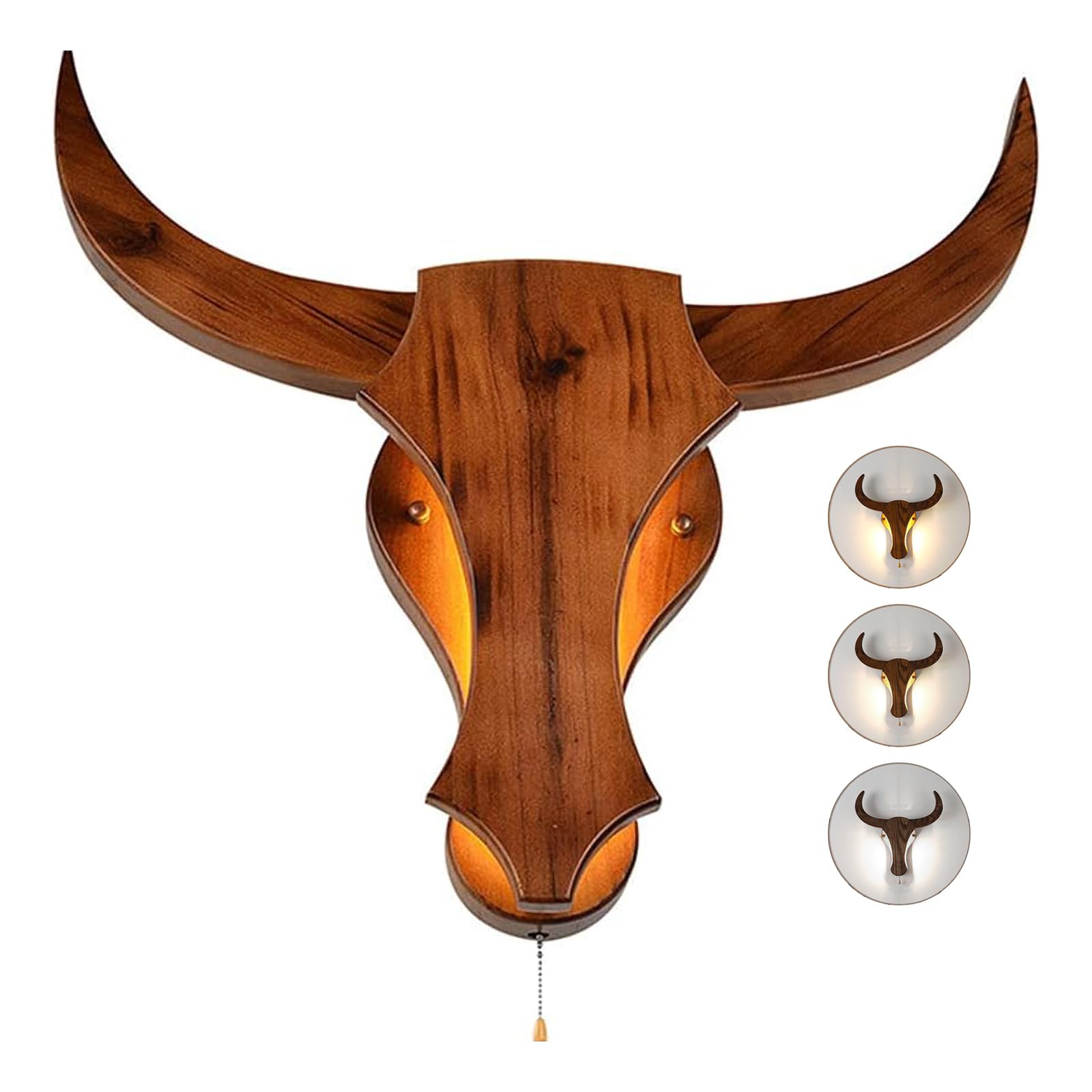 Vintage Wall Sconce Lamp with Pull Chain, 3 Color Temperatures Retro LED Industrial Wall Light, Wood -Wall Sconce Lamp Ox Head Shape 8W*2, for Home Bedroom Hallway, Corridor, Stairs, Hotel, Bar
