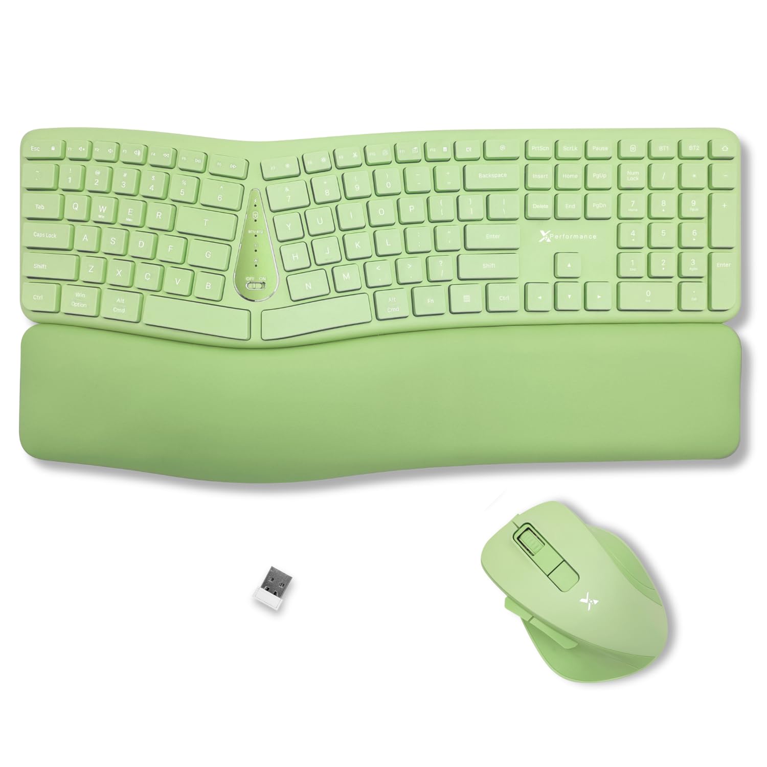 X9 Green Ergonomic Keyboard Mouse Wireless Combo - Type Comfortably Longer - 2.4G/Bluetooth Split Keyboard, Multi-Device, Soft Wrist Rest, Rechargeable, Silent Ergo Keys - Laptop, PC, Mac,iOS,Android