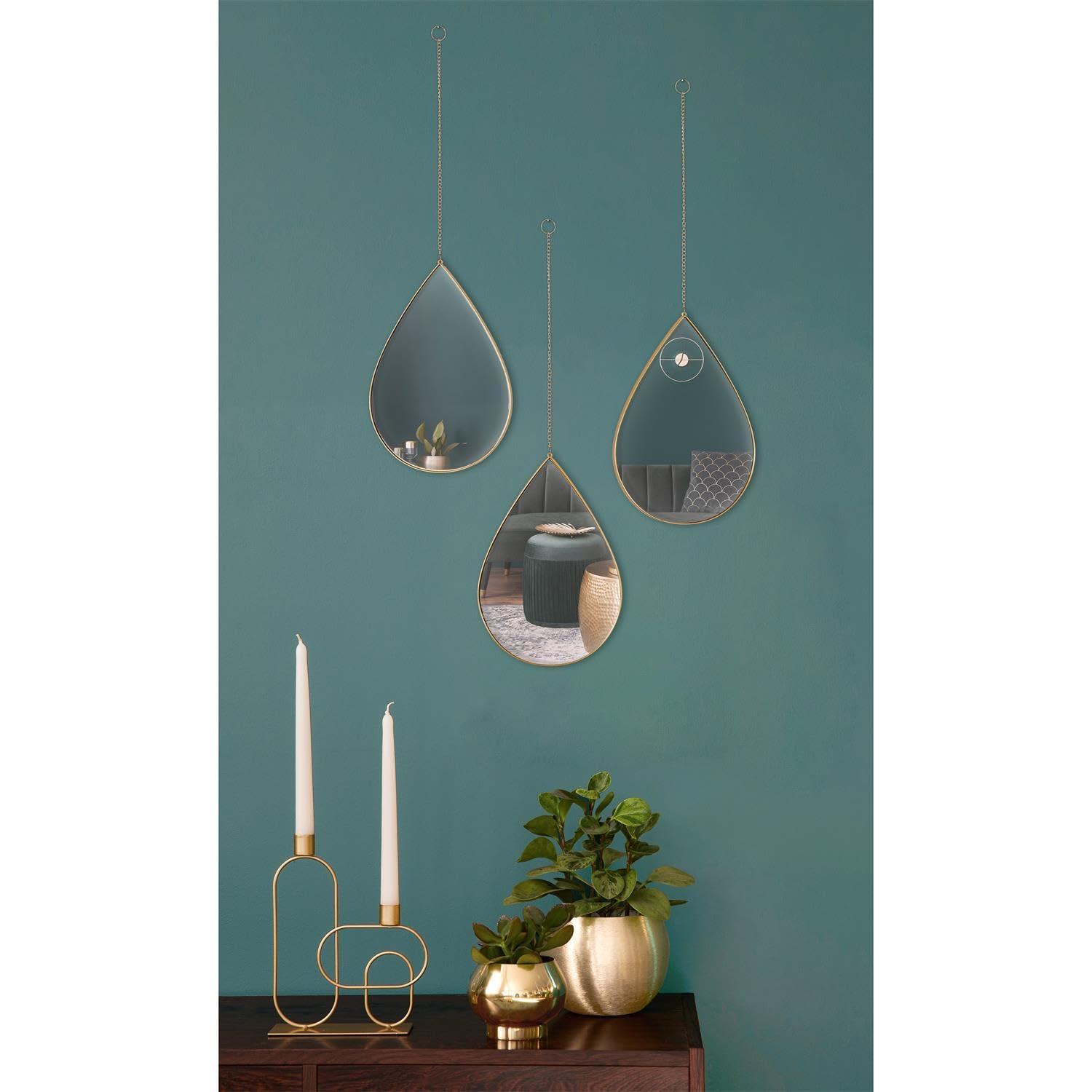 Lussuoso specchio sospeso a forma di goccia, set da 3 pezzi, cornice dorata, specchio decorativo da parete - oro