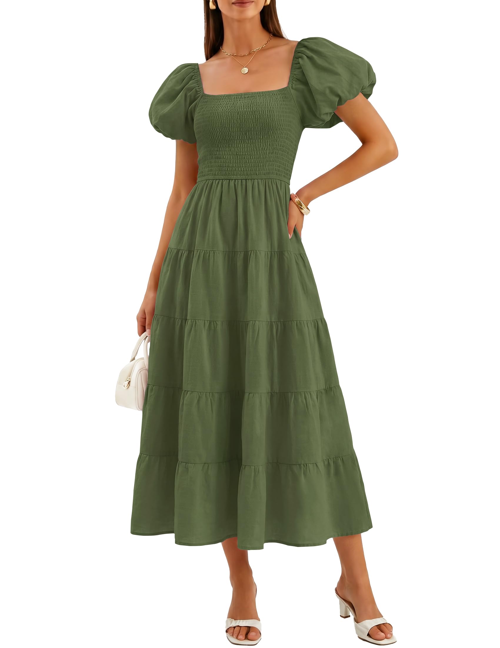 ZESICA Damen-Sommerkleid 2023, quadratischer Ausschnitt, Kurze Puffärmel, einfarbig, hohe Taille, lässig, gesmokt, fließend, A-Linie, gestuftes Midikleid, Army Grün, Medium