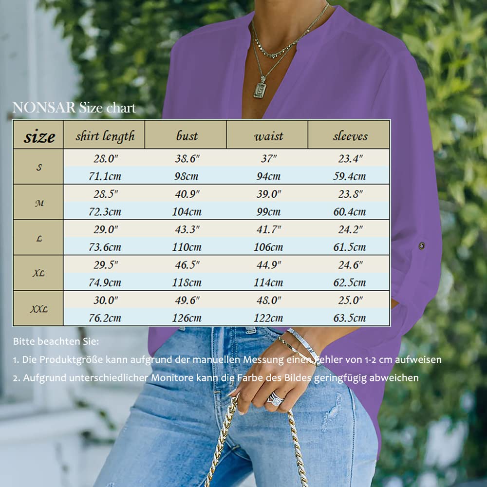 NONSAR Camicetta da donna Henley, elegante, con scollo a V, maniche arrotolabili, in stile casual