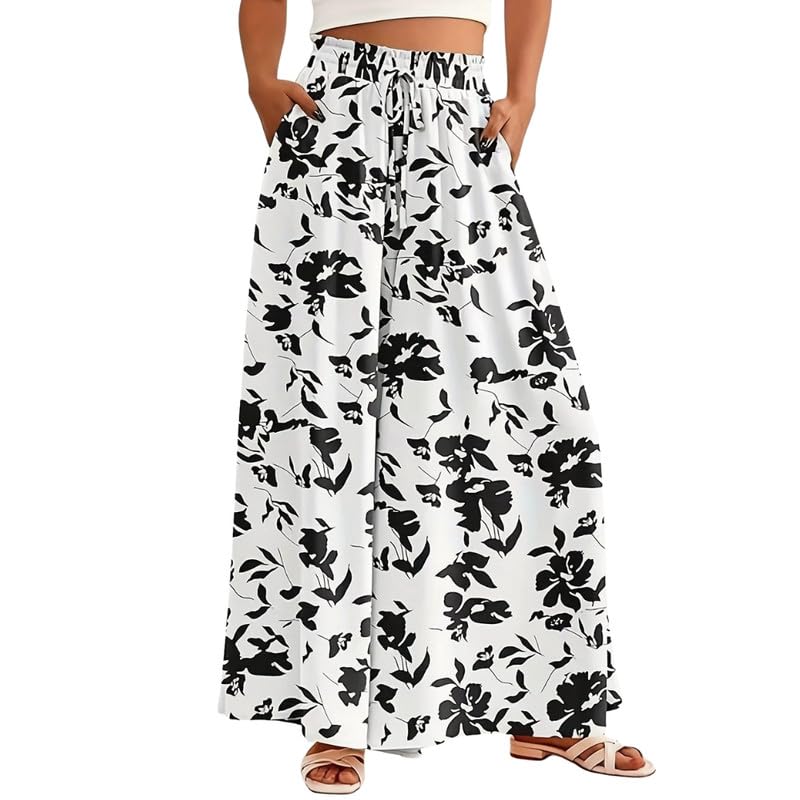 fizzoqi Women’s High Waist Beach Pants | Wide Leg Floral and Solid Color Casual Trousers | White | S-picture-17