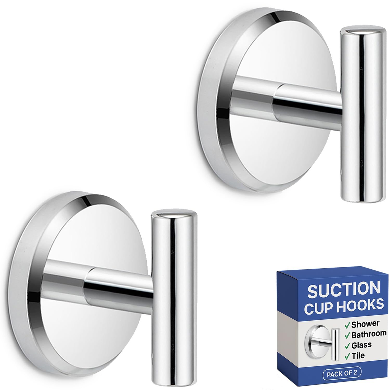 HOME SO Suction Cup Hooks T Shape (2 or 4 Pack) (Chrome, 2, Count)