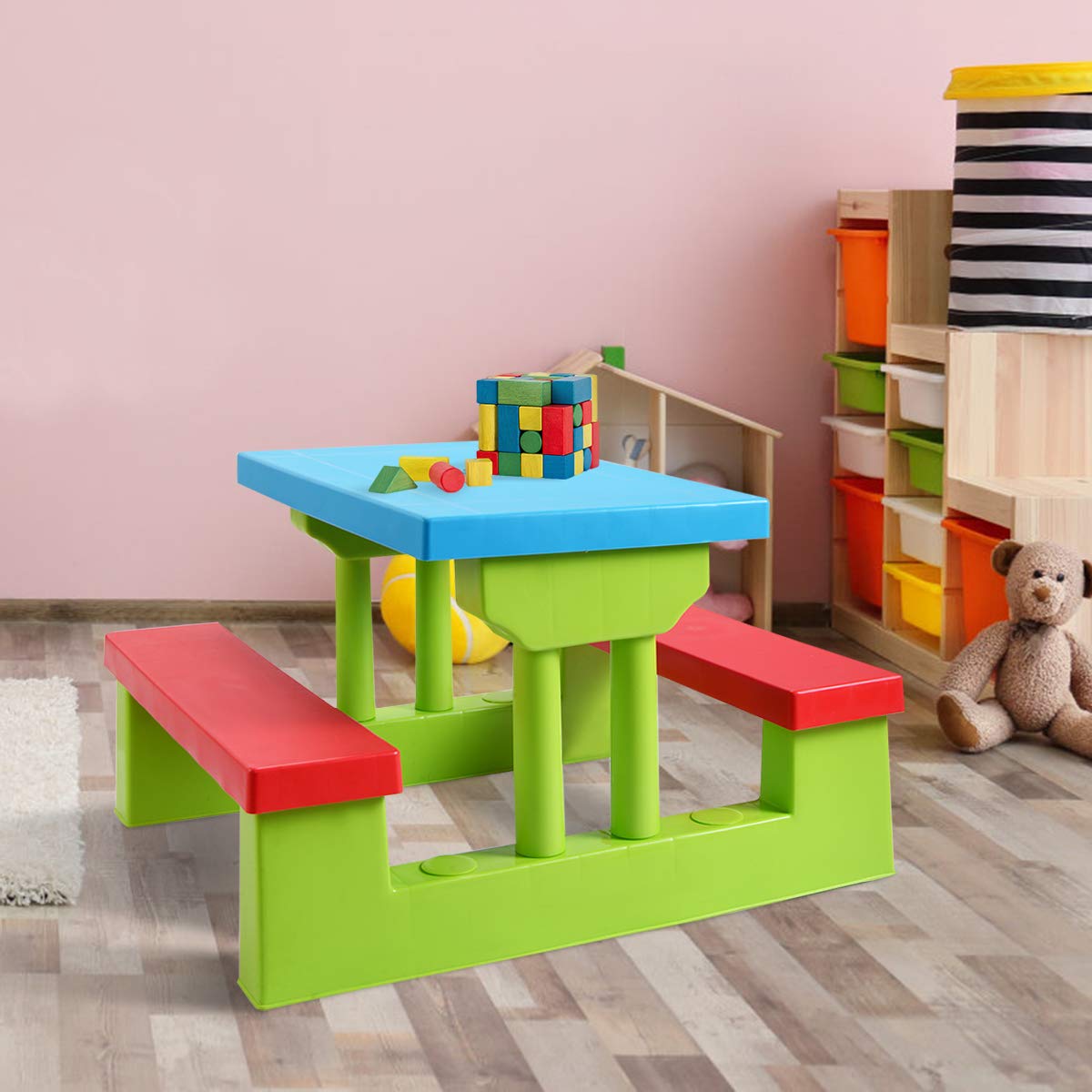 COSTWAY Table de Pique-Nique Enfants avec Parasol Amovible, Salon de Jardin Enfants avec 1 Table et 2 Bancs Colorées, Cadre Solide pour Jardin Terrasse Patio, 107 x 107 x 137 CM