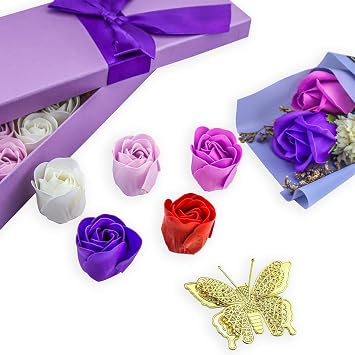 JIALEEY 33 PCS Floral Scented Bath Soap Rose Flower Petals, Plant Essential Oil Rose Soap Set Gifts Ideas for Her Women Girls Mom Valentine's Day, Purple Gift Box
