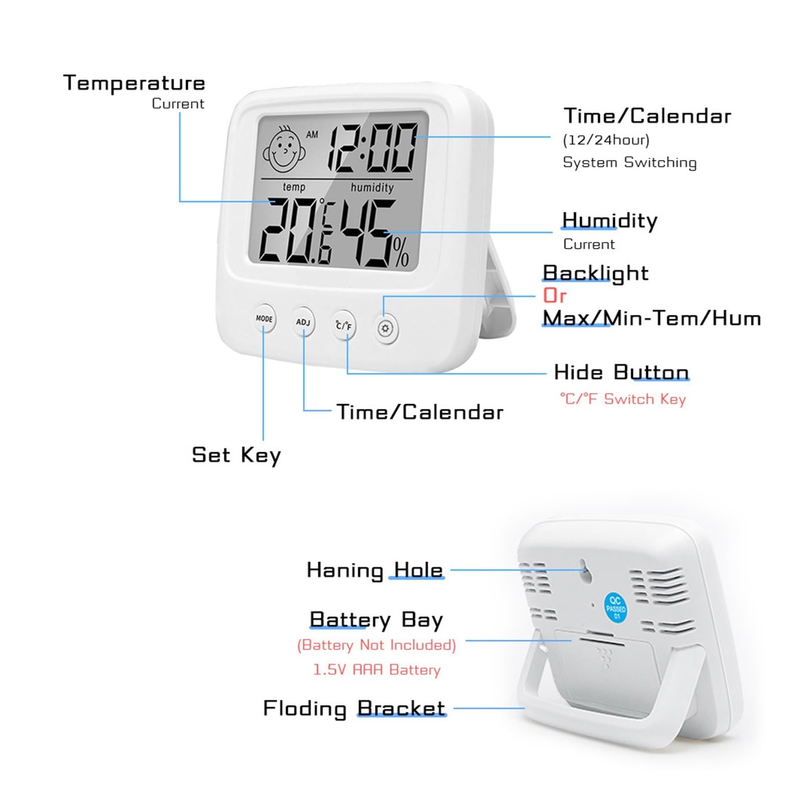 LCD elektroniczny miernik wilgotności temperatury wewnątrz na zewnątrz termometr higrometr z budzikiem domowy monitor wilgotności pogody, Tpye 4 bez światła