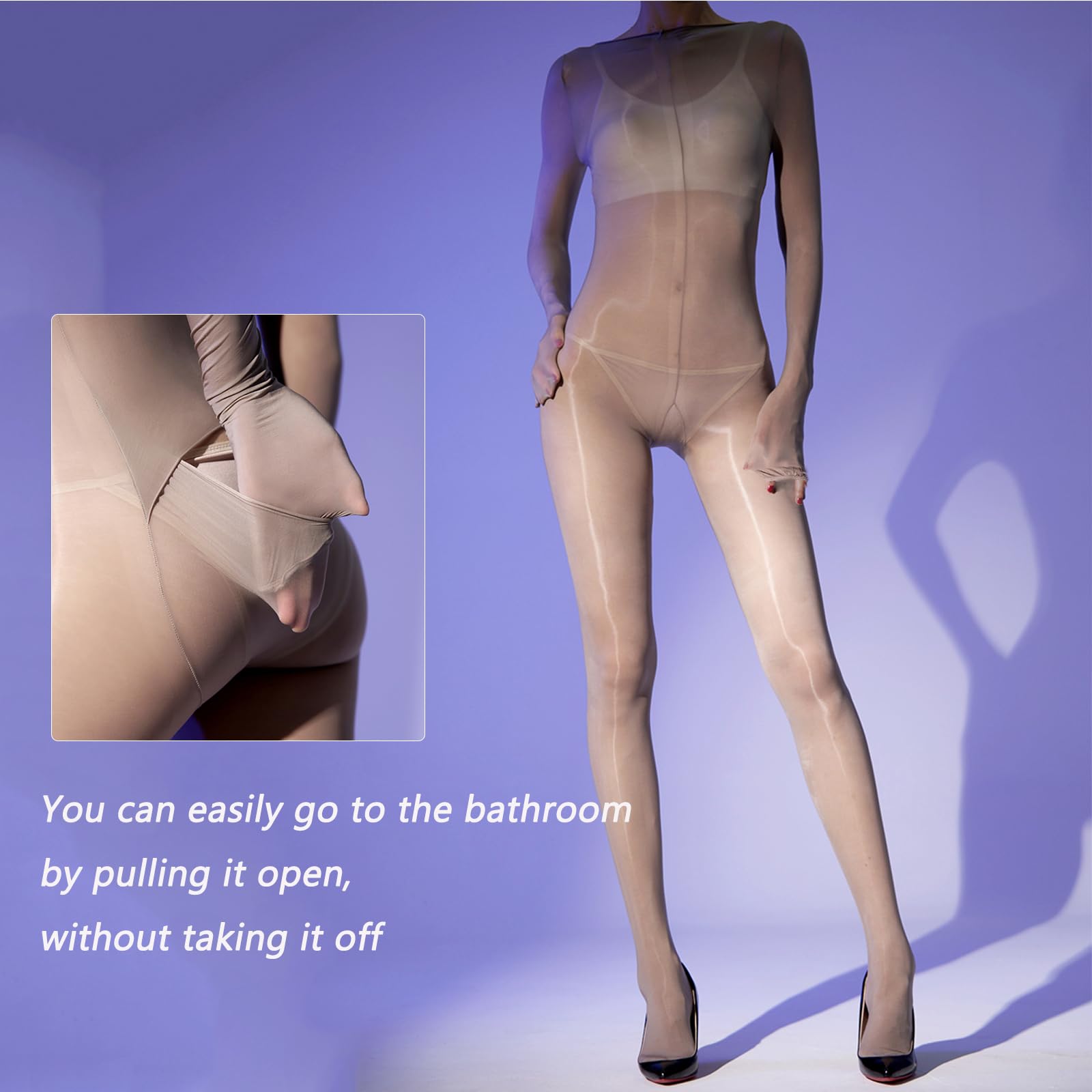 RUIBAVYA Damskie rajstopy Bodystocking Shiny błyszczące długie rękawy rajstopy na całe ciało, seksowne body, nylonowe, błyszczące rajstopy