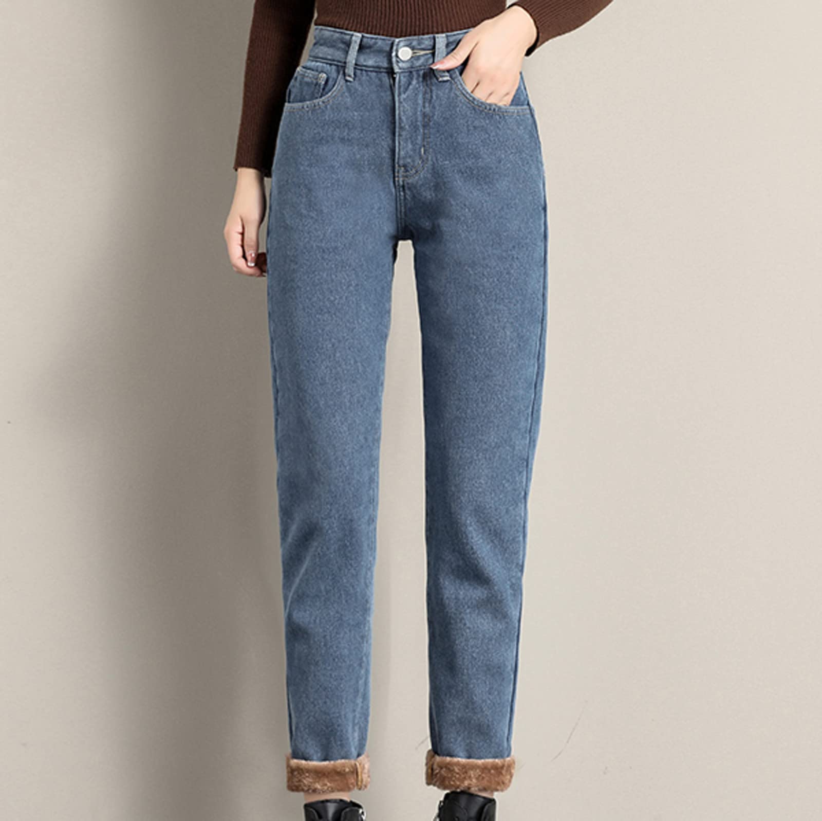Pantalones térmicos para mujer, de invierno, con forro polar, pantalones térmicos para niña, pantalones vaqueros para mujer, cintura alta, elásticos, vaqueros, con forro polar, pantalones de invierno