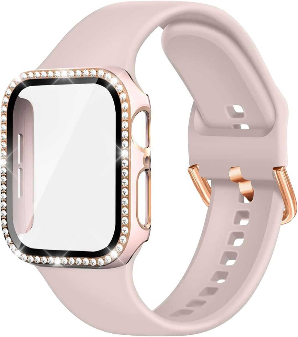 Compatible with Apple Watch Band and Case 38mm 40mm 41mm 42mm 44mm 45mm Women, Soft Silicone Bands and Bling Diamond Case & Glass Screen Protector for iWatch Series 9 8 7 6 5 4 3 2 1 and SE