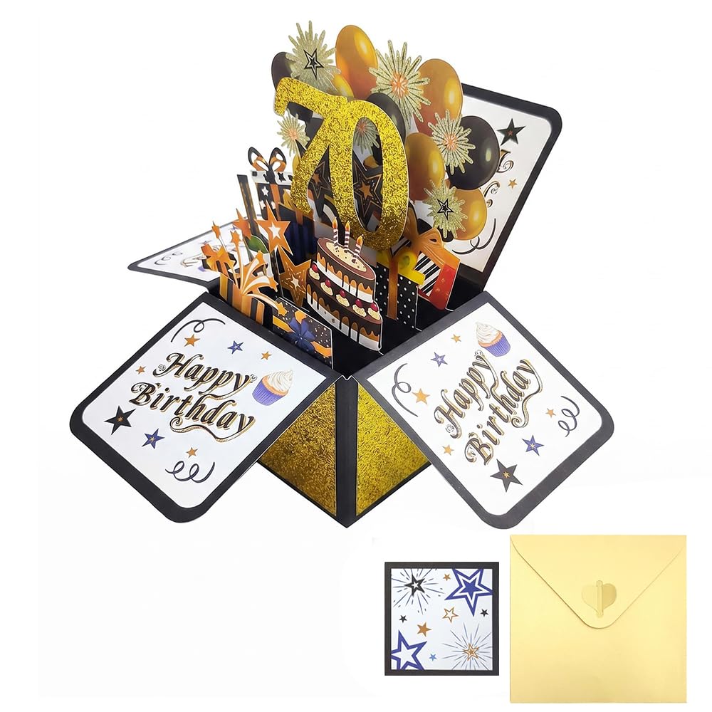 Large Pop Up 70th Birthday Card for Men Women, 3D Box Greeting Card for Mum Dad, Black and Gold Happy 70th Birthday Keepsake with Envelope for Husband Wife Friend (70)