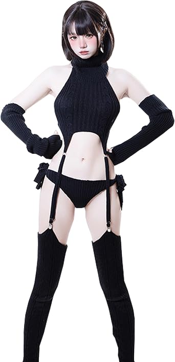 YOMORIO Rib Knit Cosplay Lingerie Set, Anime Sweater, Cute Bikini
