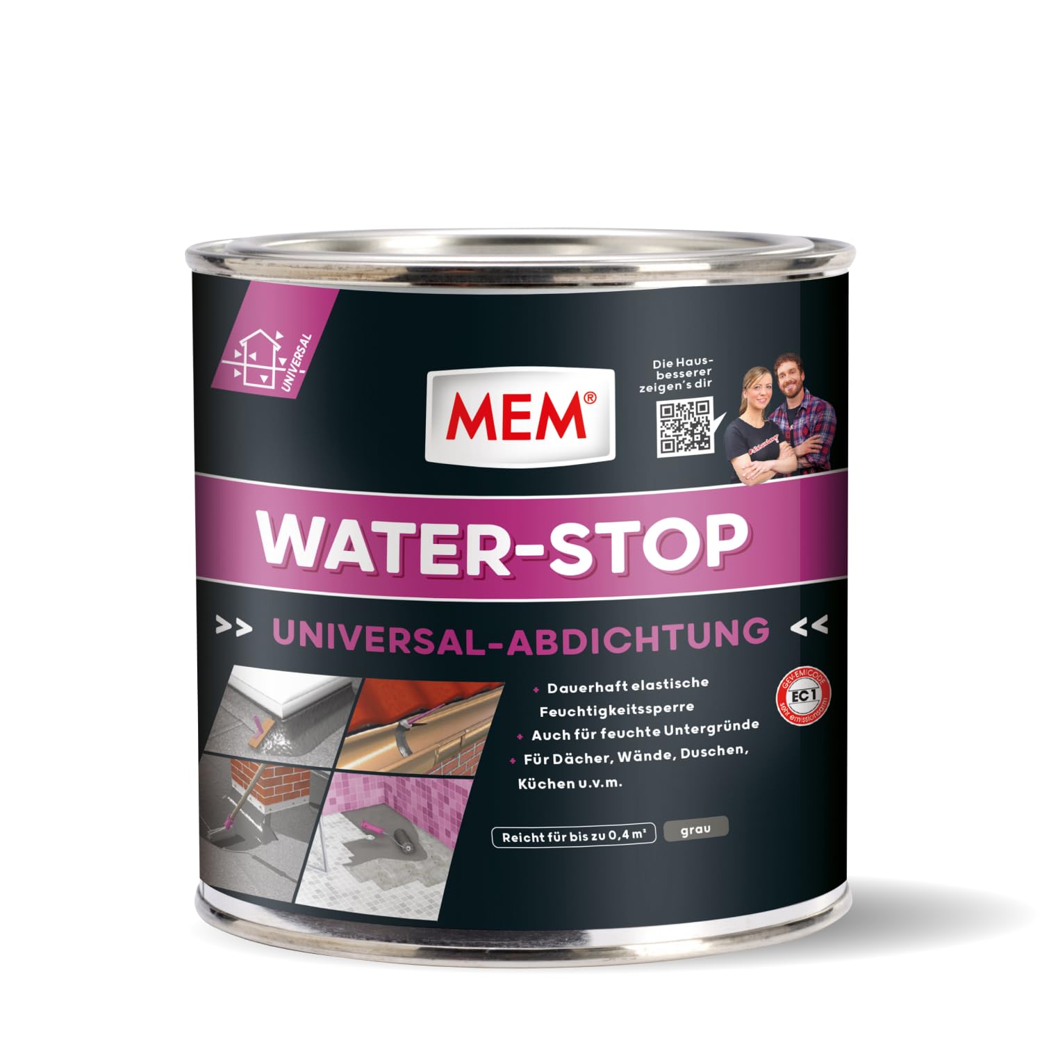 MEM Water Stop Abdichtungsmasse, Universalabdichtung & Feuchtigkeitssperre für innen & außen, Sofort dichtend, Lösemittel-, silikon- & bitumenfrei, Grau, 1 kg Eimer
