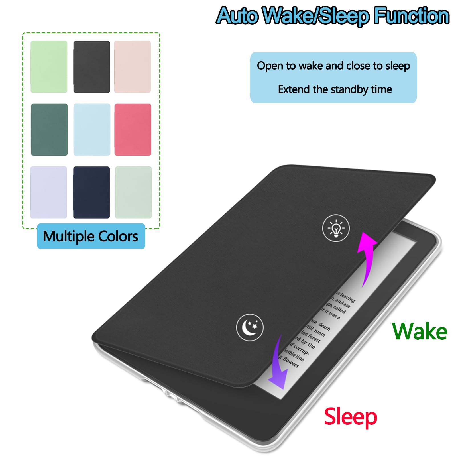Schutzhülle für Kindle Paperwhite 12th Generation 2024 17.8 cm & Kindle Colorsoft Signature Edition 17.8 cm, mit Aufklebern, PU-Hülle + transparente TPU-Hartschale mit Handschlaufe