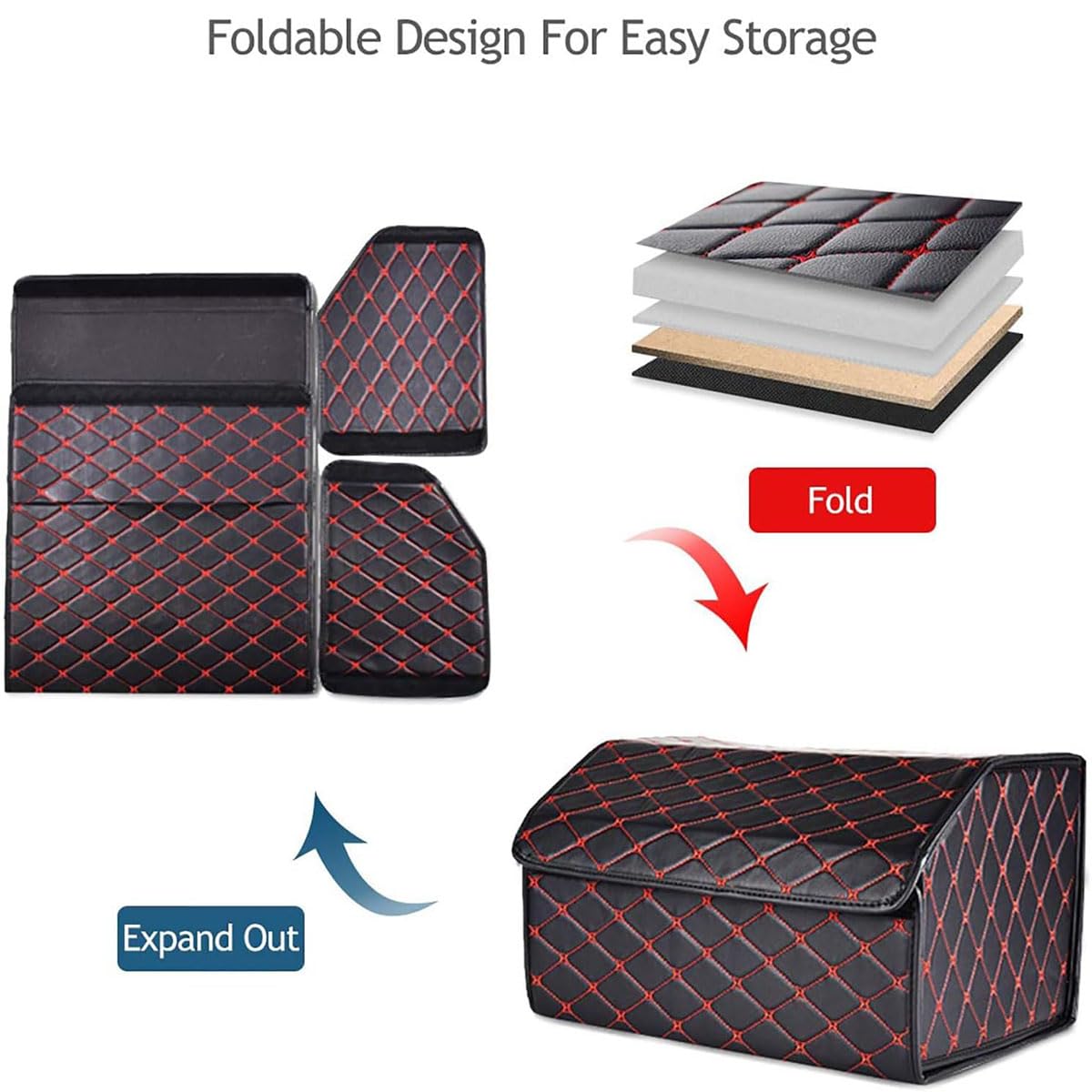 Organizer Bagagliaio Auto per Benz EQA/EQB/EQC/EQE/EQE SUV/EQG, Pieghevole Borse per Bagagliaio in Pelle Scatola di Immagazzinaggio con Coperchio Accessori,M-B/Black-Red