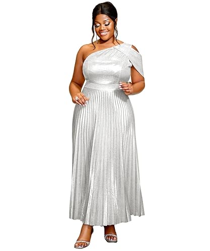 AOMEI Womens Sparkly Metallic Flowy Pleated Dress One Shoulder Empire