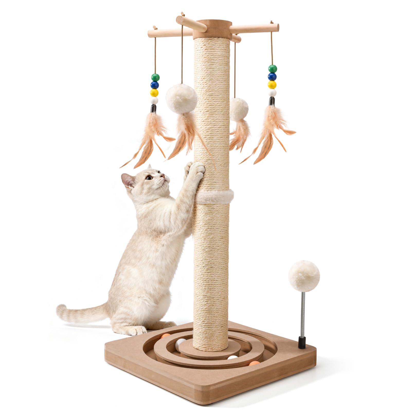 LIFLIX Kratzstamm für Katzen,Sisal Kratzbaum Klein mit Hänge- und Trackbällen, Katzen Kratzmöbel