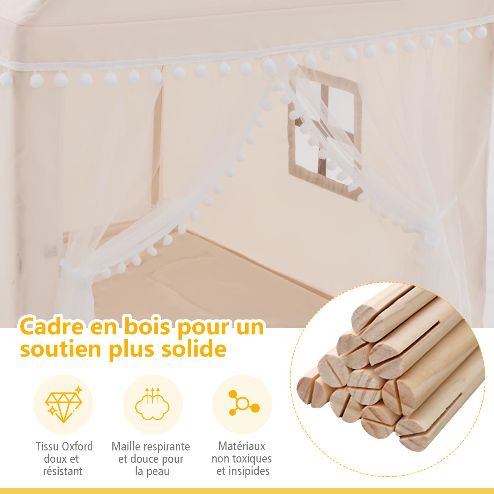 DREAMADE Tente de Jeu pour Enfant avec Tapis Épais,Cabane Garçons Filles Intérieur Extérieur avec Cadre en Bois&Moustiquaire&Fenêtre Maillée&,105x120x140CM (Beige)