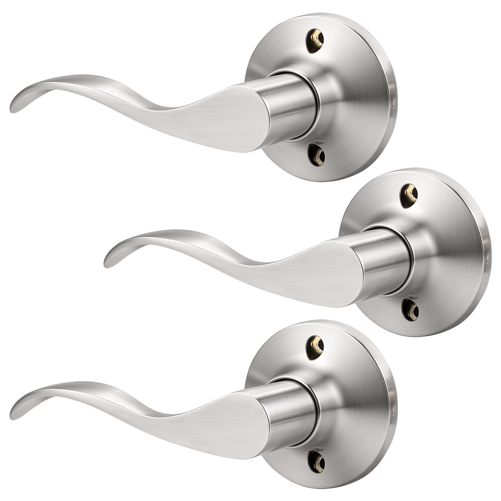 Mengico 3 Pack Satin Nickel Dummy Door Lever, Single Left Side Door Handle for Closets, Non-Turning Pull Only Lever Set, Wave Style Interior Door Knob