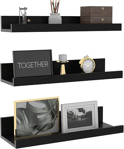 Giftgarden Estantes flotantes negros de 16 pulgadas para montaje en pared, estante de pared de grano de madera para baño, dormitorio, cocina, sala