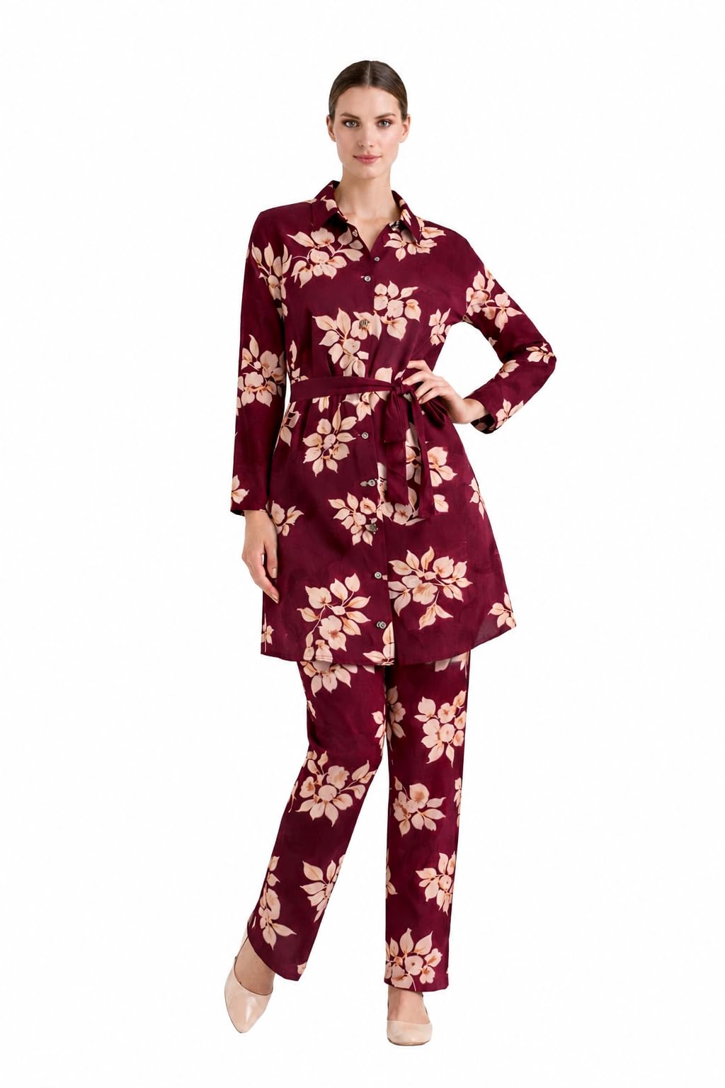 Floral Printed Co-ord Set for Women, Shirt-Collar Tunic with Full Sleeves, Front Button Closure, Waist Tie Belt, Straight-Fit Pants, Casual Wear (IN, Alpha, 3XL, Regular, Maroon)-image-2