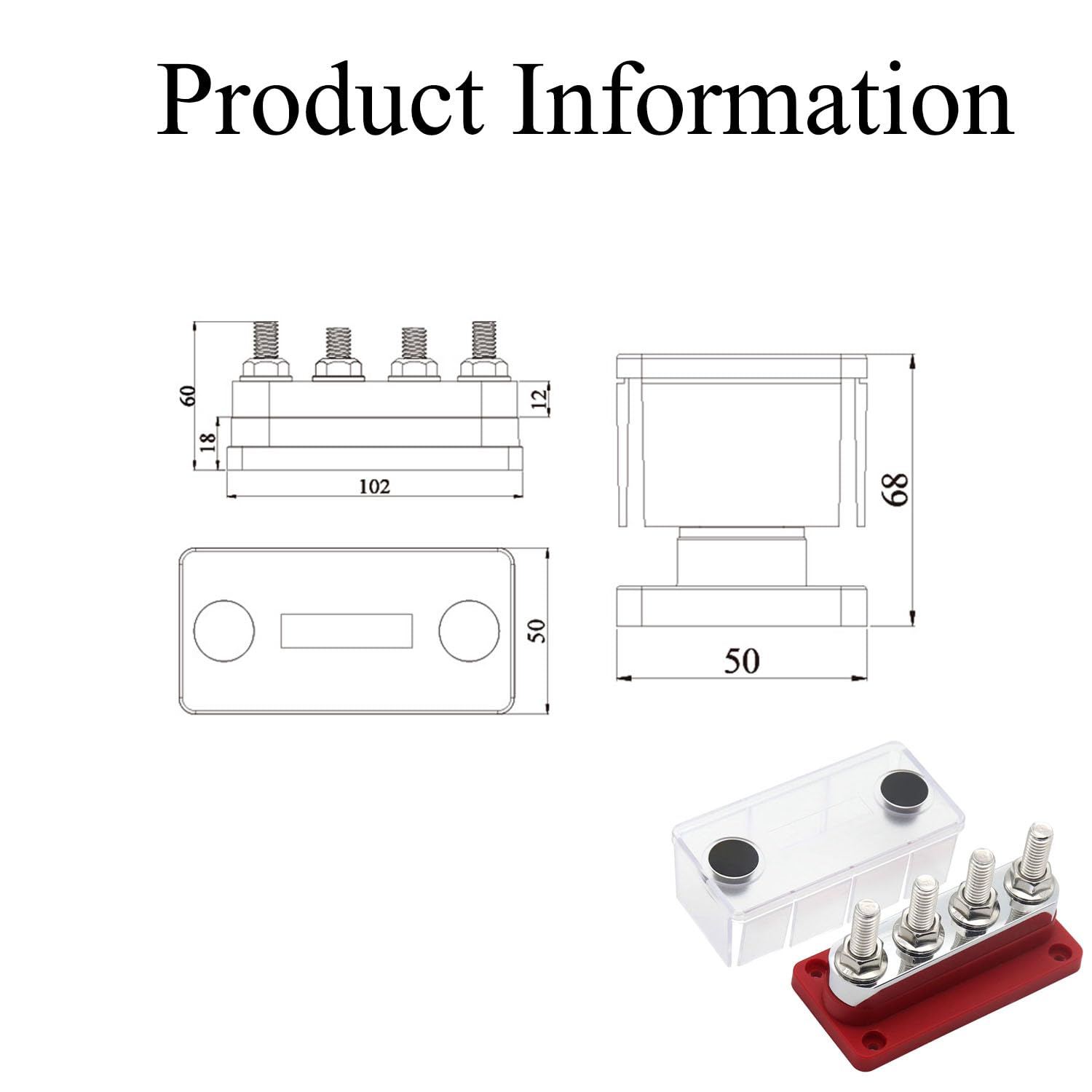 Sbarra di Distribuzione12V,Rame Stabile 600A con 4 Morsetti per Batteria M10, con Copertura 48V DC, per Auto, Barca, Marina, Caravan, Camper(Rosso)