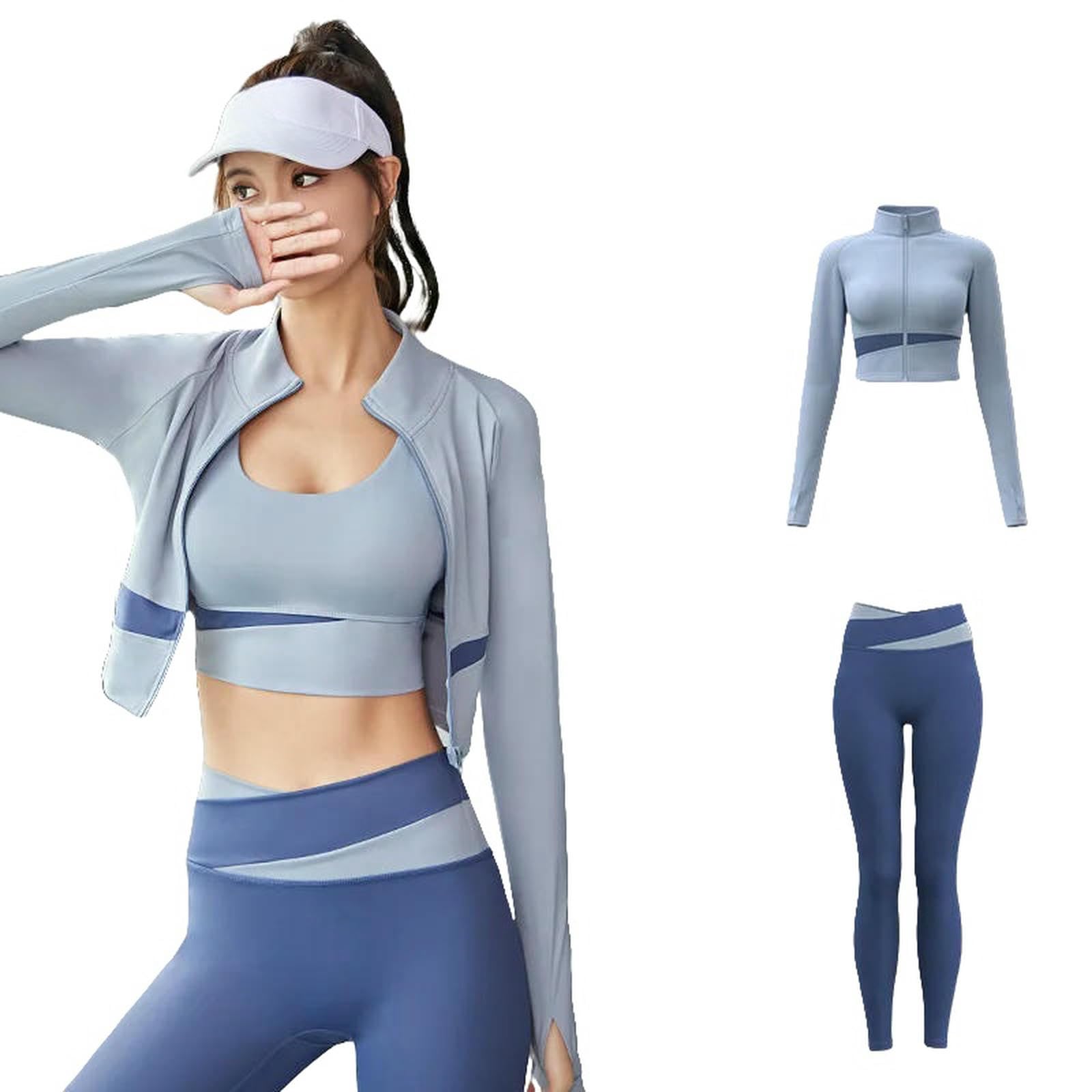 Shapewear Kobiety Joga Patchwork 3 Piece Set Fitness Gym Coats+Bra+Legginsy Trening Running Sportswear Odzież Femme-3 Piece Set C-L