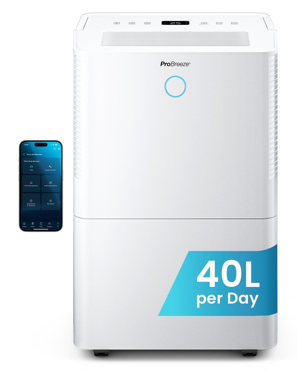 Pro Breeze® 40L OmniDry WiFi Dehumidifier with Automatic Humidity Sensor & Display, 24Hr Timer, Laundry Drying, Continuous Drainage with Smart App