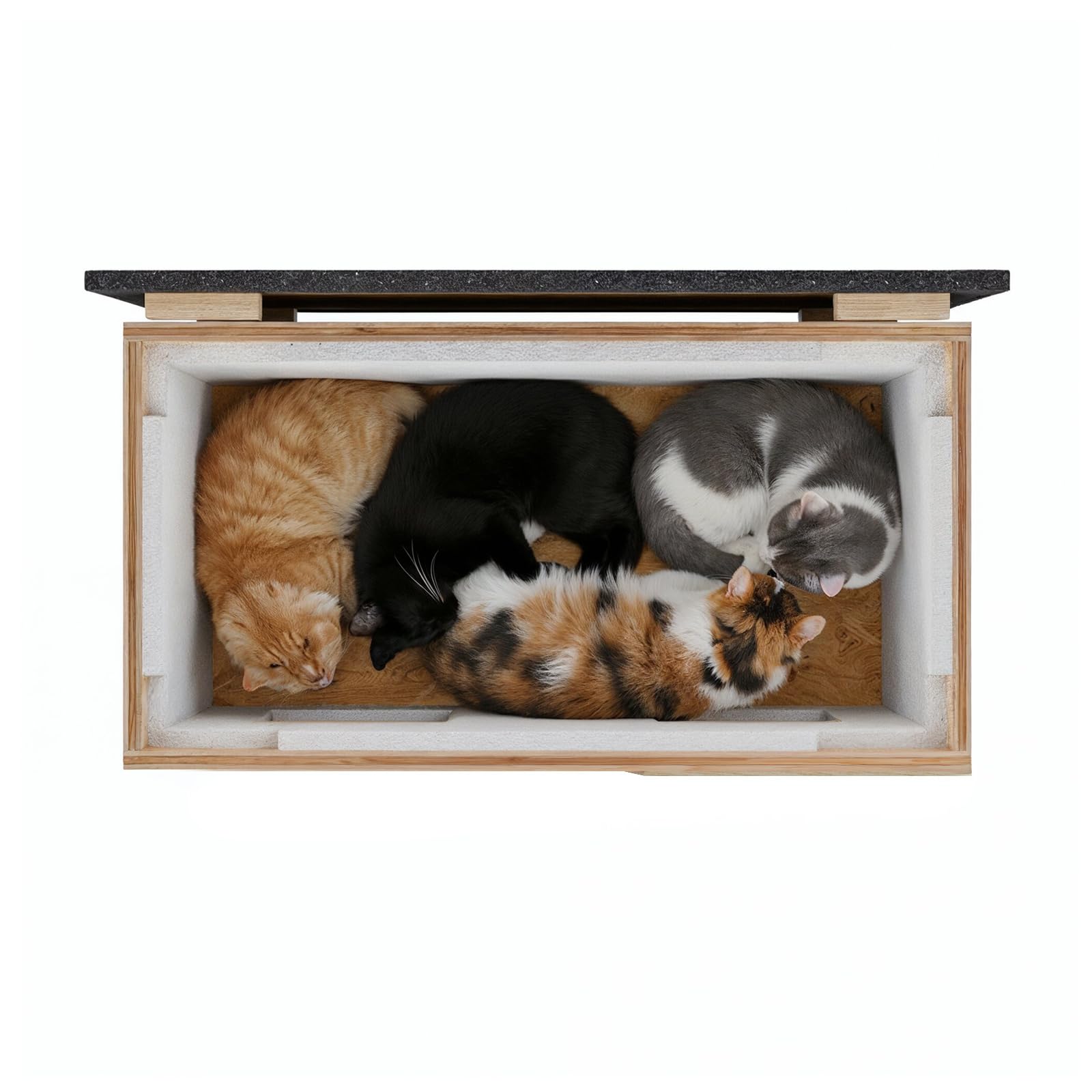 QLS Ocieplany domek XXL dla kota z zasłoną 85 x 45 cm czarny | Wymiary 85 x 45 x 37,5 cm, wejście Ø12,7 cm. Domek z zasłoną do użytku na zewnątrz