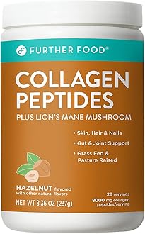 Further Food Collagen Peptide Powder Hazelnut Blend with Lion’s Mane Mushroom, Grass-Fed Hydrolyzed Type 1 & 3 Protein, Gut Health + Joint, Hair, Skin, Nails, Paleo Keto Sugar-Free (8.36 Ounce)