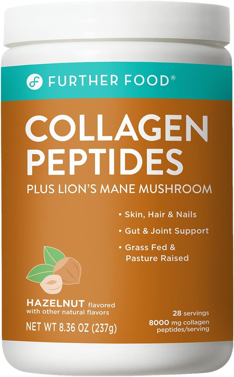 Further Food Collagen Peptide Powder Hazelnut Blend with Lion’s Mane Mushroom, Grass-Fed Hydrolyzed Type 1 & 3 Protein, Gut Health + Joint, Hair, Skin, Nails, Paleo Keto Sugar-Free (8.36 Ounce)