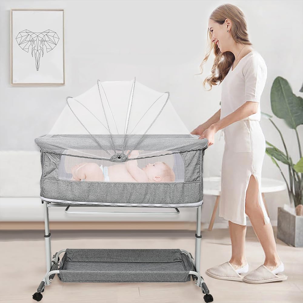 HUOLE Cuna Colecho Viaje,Cuna multifunción 4 en 1, Cuna colecho y Parque, para niños de hasta 50 kg, con colchón, Correas de sujeción y Ruedaspara bebés de 1 a 36 meses-113 * 66 * 84cm-Gris