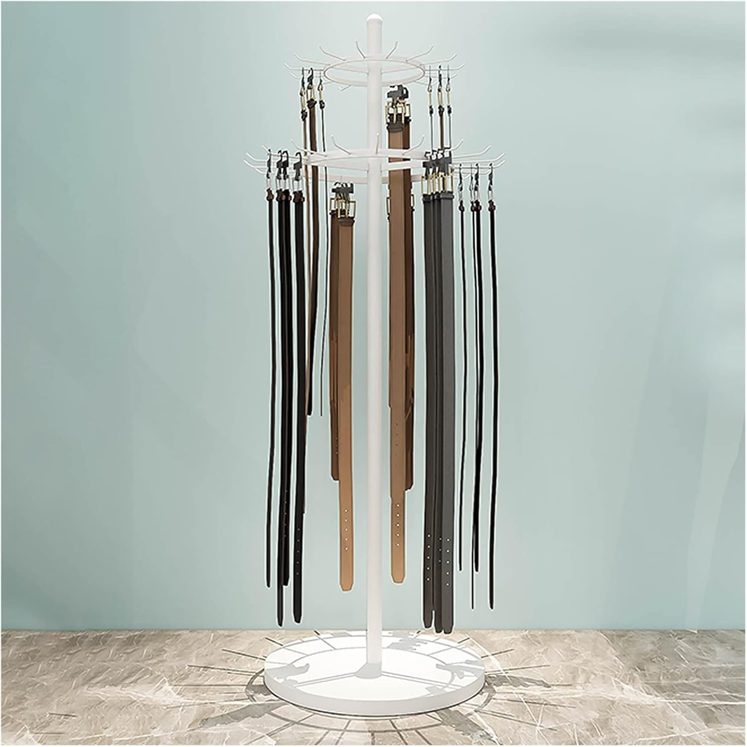 Floor Standing Belt Display Stand, Rotating Ties/Bags/Socks Storage Rack with Anti-Drop Hook, for Home/Closet/Lingerie Shop, Metal Iron Frame,Gold