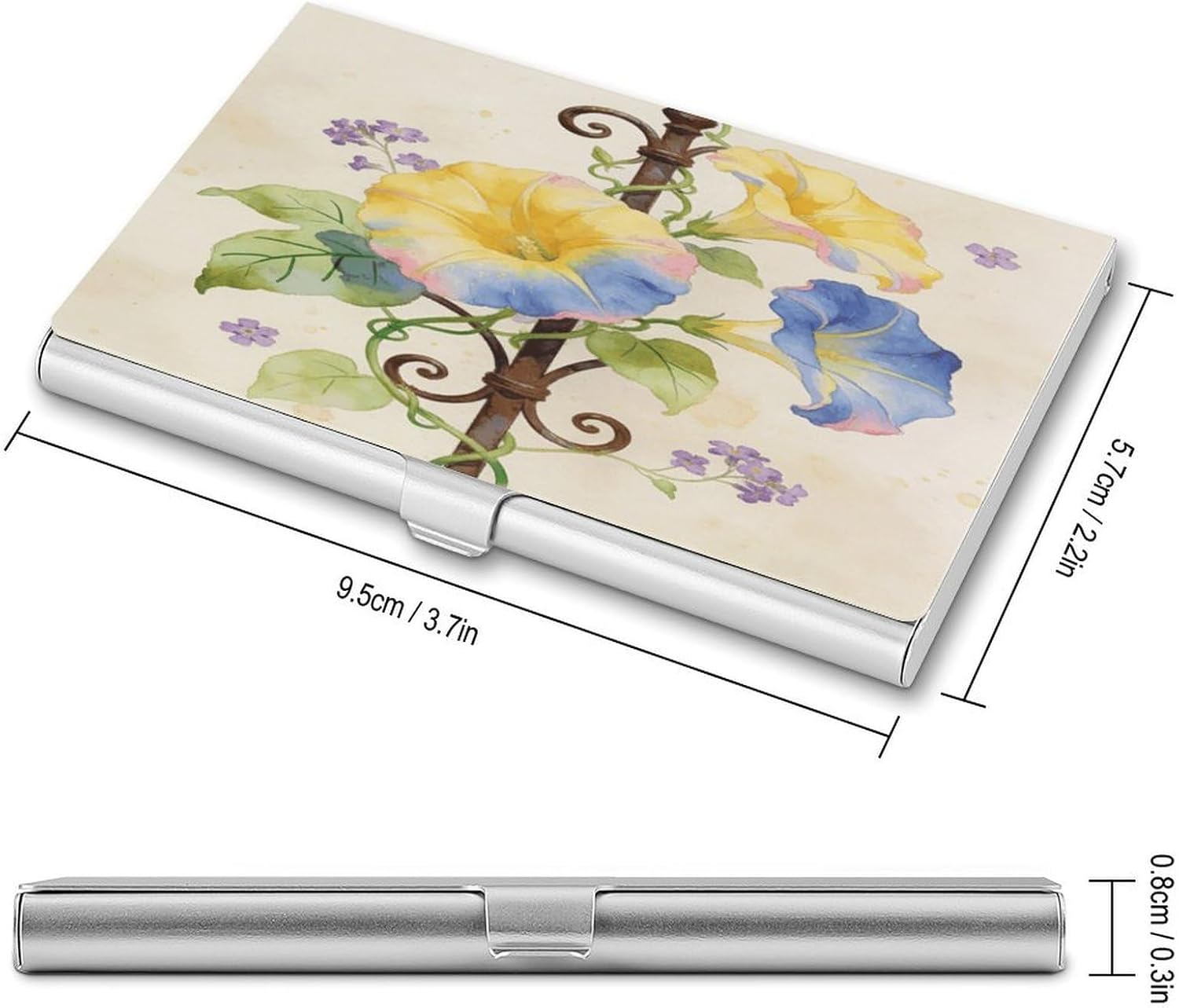 Personalized Yellow Blue Morning Glory Business Card Case Ultra-Thin Aluminum Alloy Business Card Holders with Buckle Style Shut Lightweight Business Card Wallet for Men Women