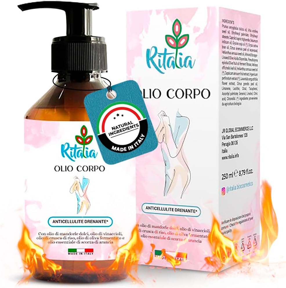 250 ml BIO ANTI-CELLULITE REDUCER EN FIRMING OLIE van Ritalia met ZOETE AMANDELOLIE voor een krachtige professionele massage – ONTSPANNENDE ANTI-CELLULITE LICHAAMSOLIE