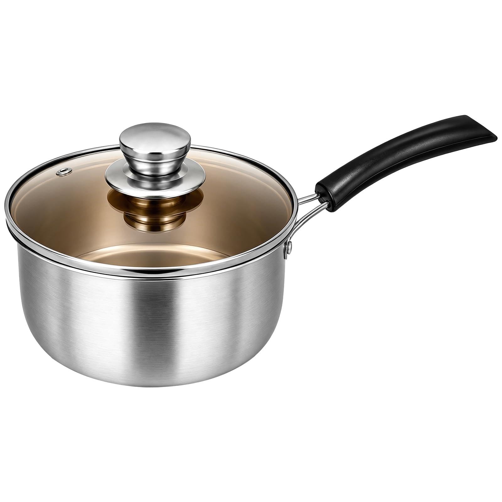 16cm Stainless Steel Saucepan with Glass Lid, 2.0 Qt Induction Saucepan, 6.9 in Small Milk Pan with Heatproof Bakelite Handle for Boiling Milk and Soup Home Kitchen