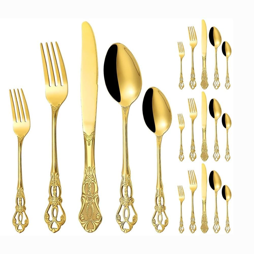 Retro Scava Fuori Maniglia in Rilievo Cucina in Acciaio Inox Posate Da Tavola Posate Set Di Posate Coltello Da Bistecca Forchetta Cucchiaio Cucchiaino (Oro,20 pezzi)