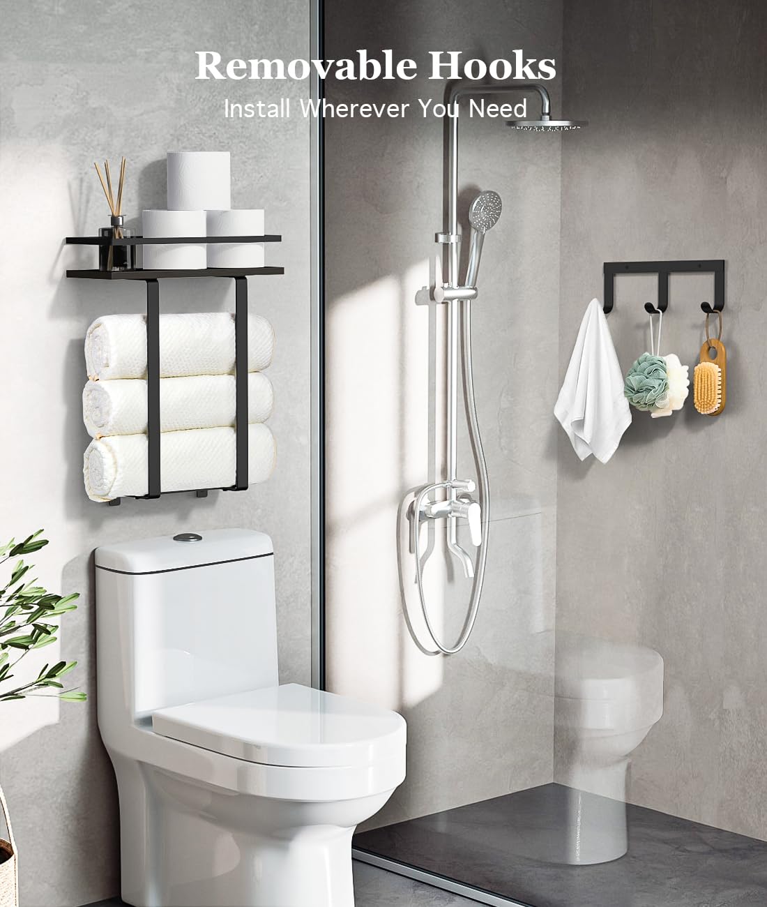 Luxspire Porte-Serviettes de Salle de Bain Mural, Support Serviettes de Bain avec 3 Crochets, Étagère de Rangement de Bain Peut Contenir 3 Serviettes Roulées pour Gel Douche Shampoing, Noir