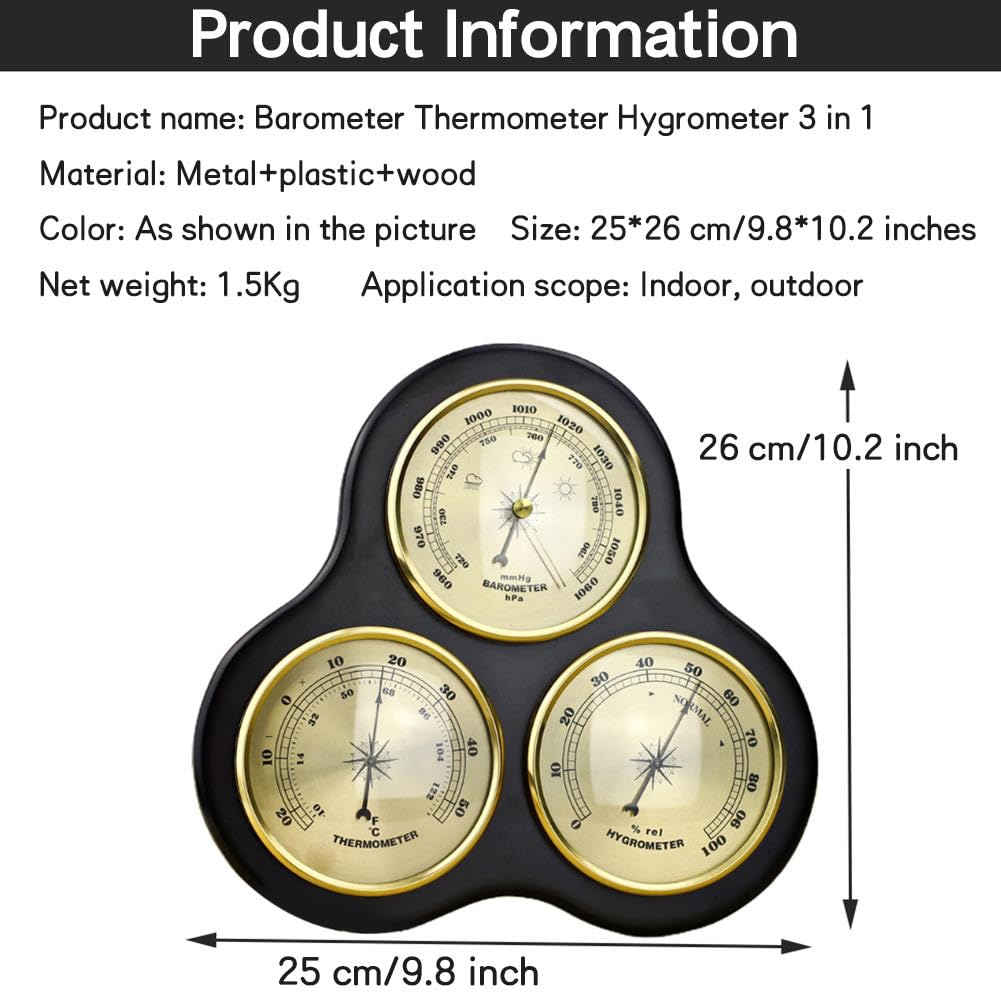 VINGAA Barometro, manometro barometrico per la casa, barometro termometro igrometro, barometro con Struttura in Legno per Interni, Stazione meteorologica analogica Meccanica 3 in 1
