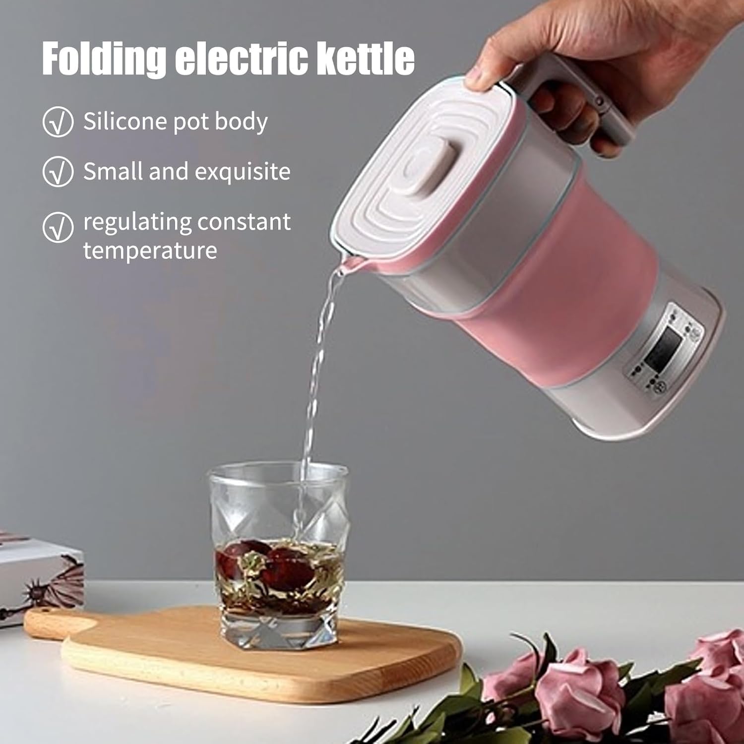 Bouilloire électrique pliable miniature, 800 ml, idéale for le camping, les voyages, la randonnée et activités de plein air. En silicone, sans BPA(Pink)