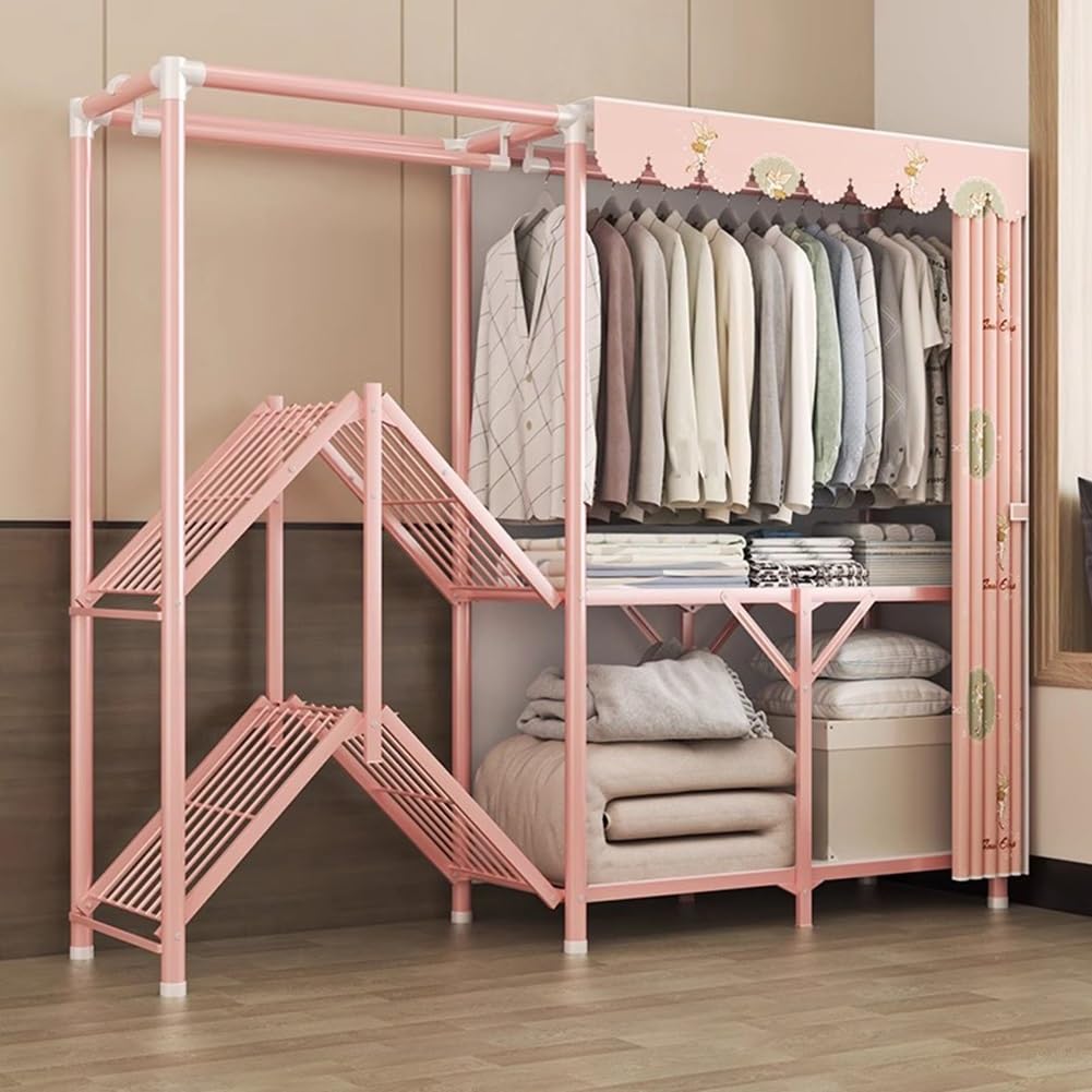 Armario Portátil Grande con Cortinas De Gasa, Armario De Ropa Plegable Diseño De Plegado Integrado Barandilla del Dormitorio Percha De Marco Metálico De Tubo De Acero De 26 Mm(200x45x170cm)