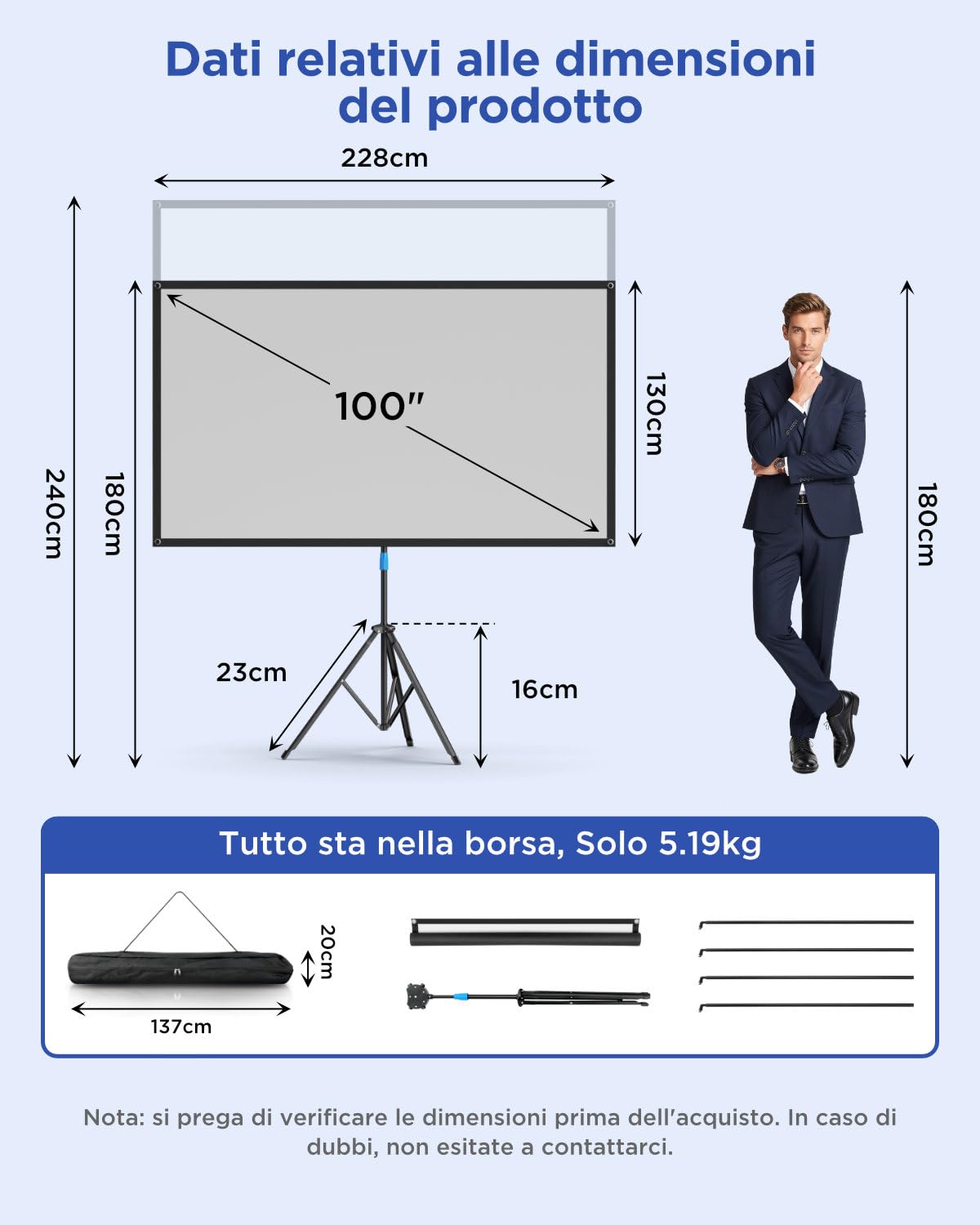 VISULAPEX 100"Grigio Schermo Proiettore, 16:9 Telo Proiettore con Supporto, Perfetta per Teatro Domestico, il Cinema All'aperto e Altre Attività di Intrattenimento