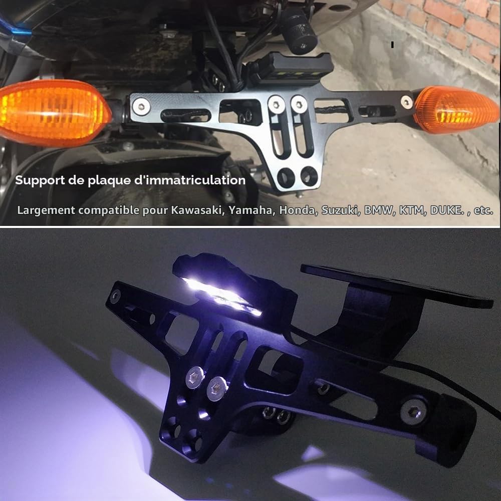 Universel Moto Supports de Plaque D'immatriculation Réglable pour MT-07 MT-09 YZF-R6 R125 Kawasaki Z650 Z750 Z900 S1000/R Duke 125 390 690 SMC Suzuki Bandit 650 1200 1250 (Noir)