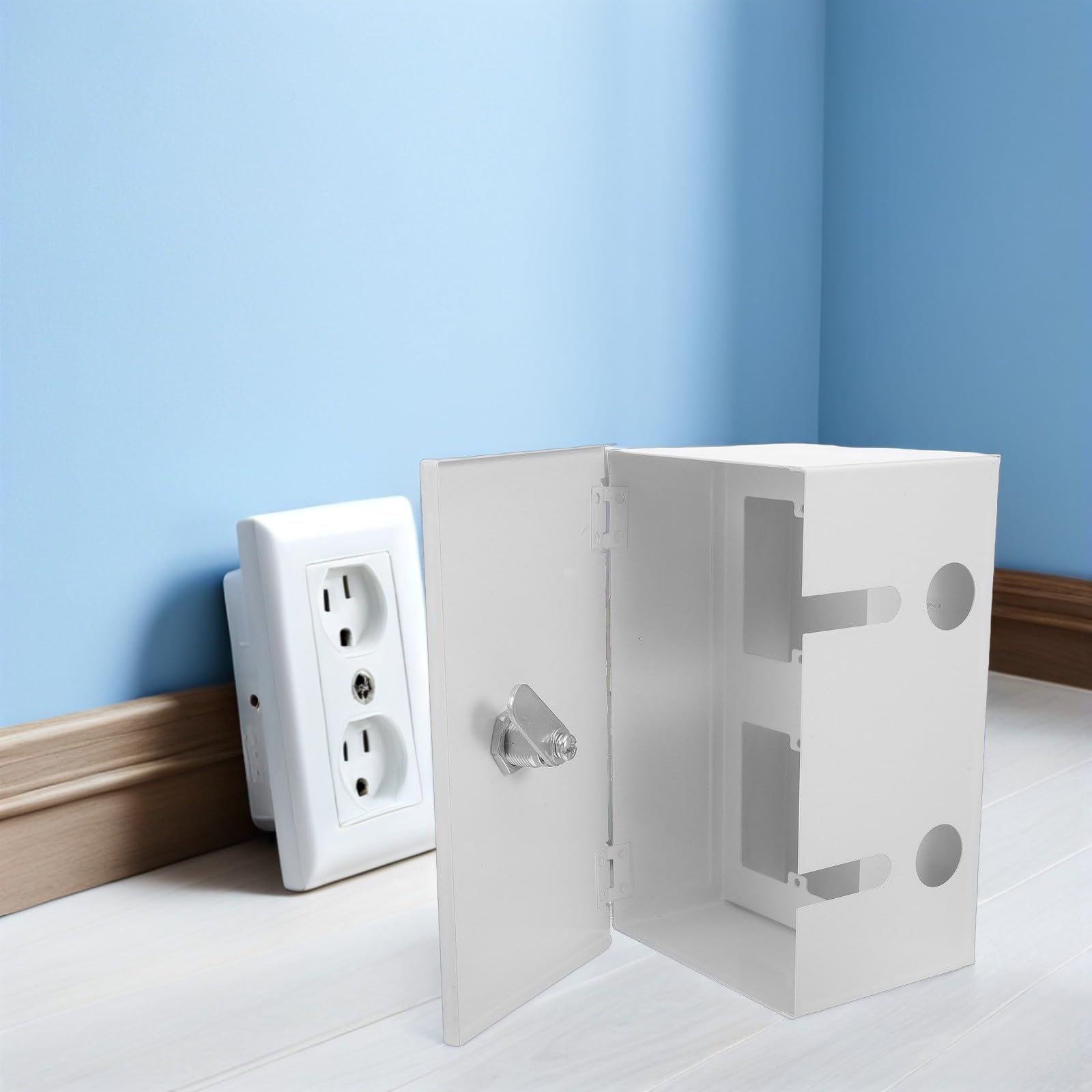 Boîte de Protection Verrouillable pour Prise Électrique en Acier Inoxydable Argenté Compatible Plupart des Prises Standard, pour Espaces Extérieurs