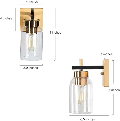 Miniatura 4 de KSANA Lámpara de pared de 1 luz, luz de tocador de baño individual, moderna casa de campo negra y dorada con pantalla de vidrio, luces de pared