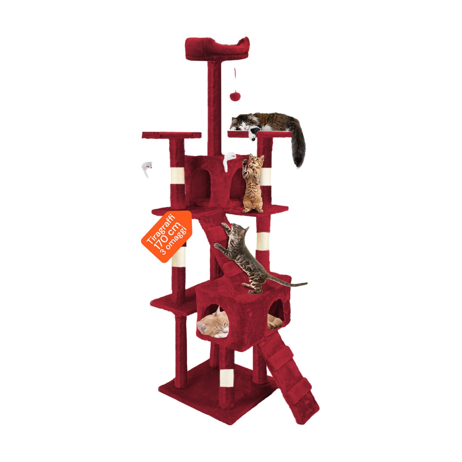 Tiragraffi XXL 170cm con Doppia Cuccia per Gatti Adulti, Albero Giochi in Sisal e Peluche, Piatteforme Relax, Ampio e Sicuro per il Massimo Divertimento dei Gatti Bordeaux