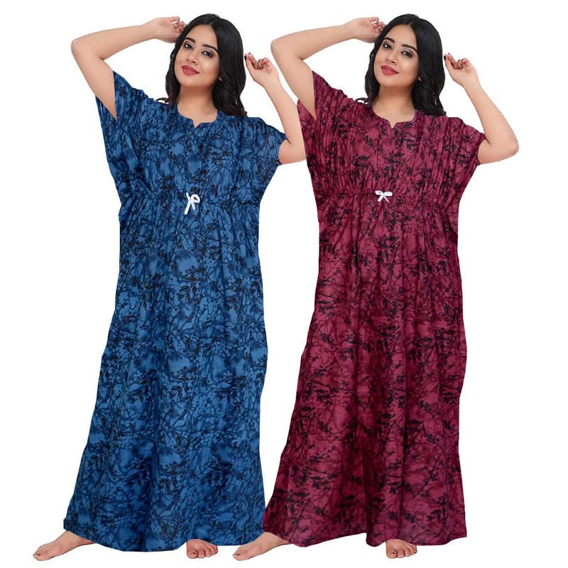 Women Casual Floral Printed Multicolor Night Wear Gown/Free Size Kaftan/Cotton Kaftan Nighty Pack of 2_KRNT2-picture-30