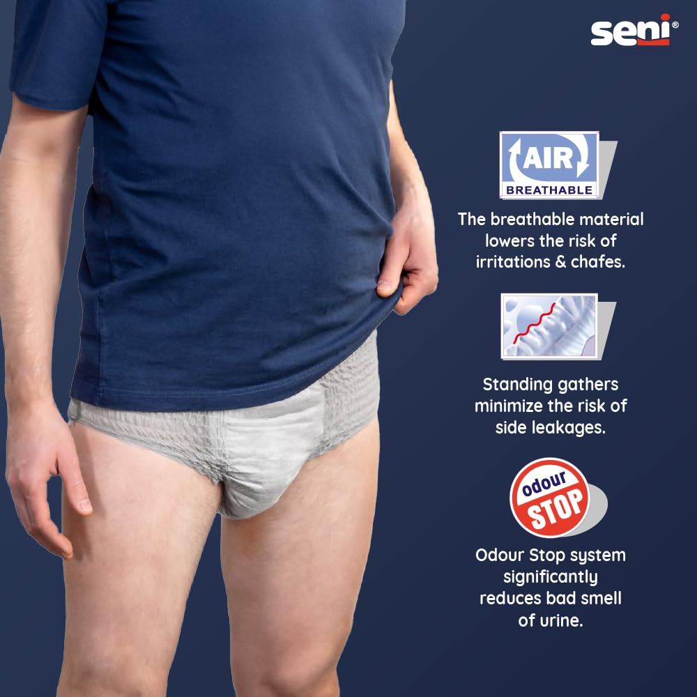 Seni Man Bladder Control Pants for Men | Light Incontinence | Breathable | Extra Dry System | latex free | Disposable Absorbent Underwear | Odour Stop | Dermatologically Tested | Size Medium | Waist Size 31" - 43" (80 cm - 110 cm) | Pack of 1 | 10 Pcs - Image 4 thumbnail